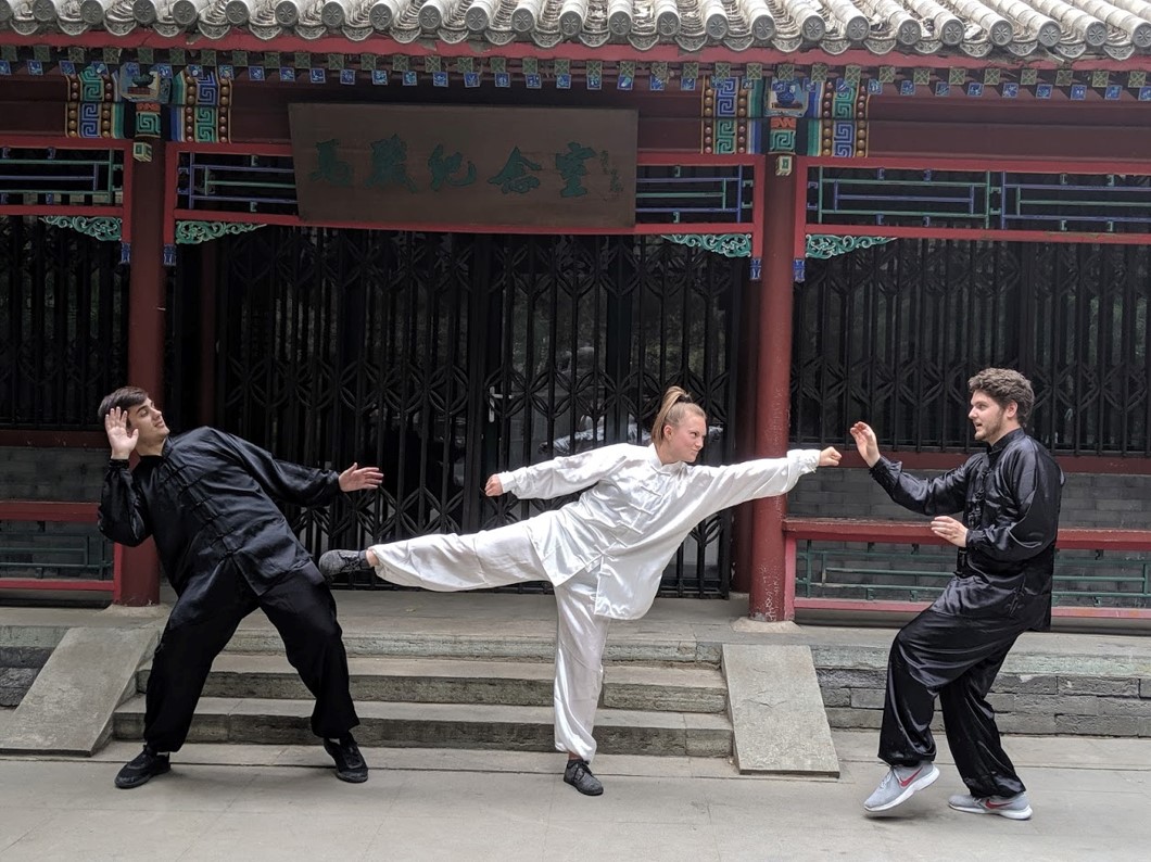 Study Abroad Photo Contest Photo,Students prentending to practice karate at Ritan Park 2019