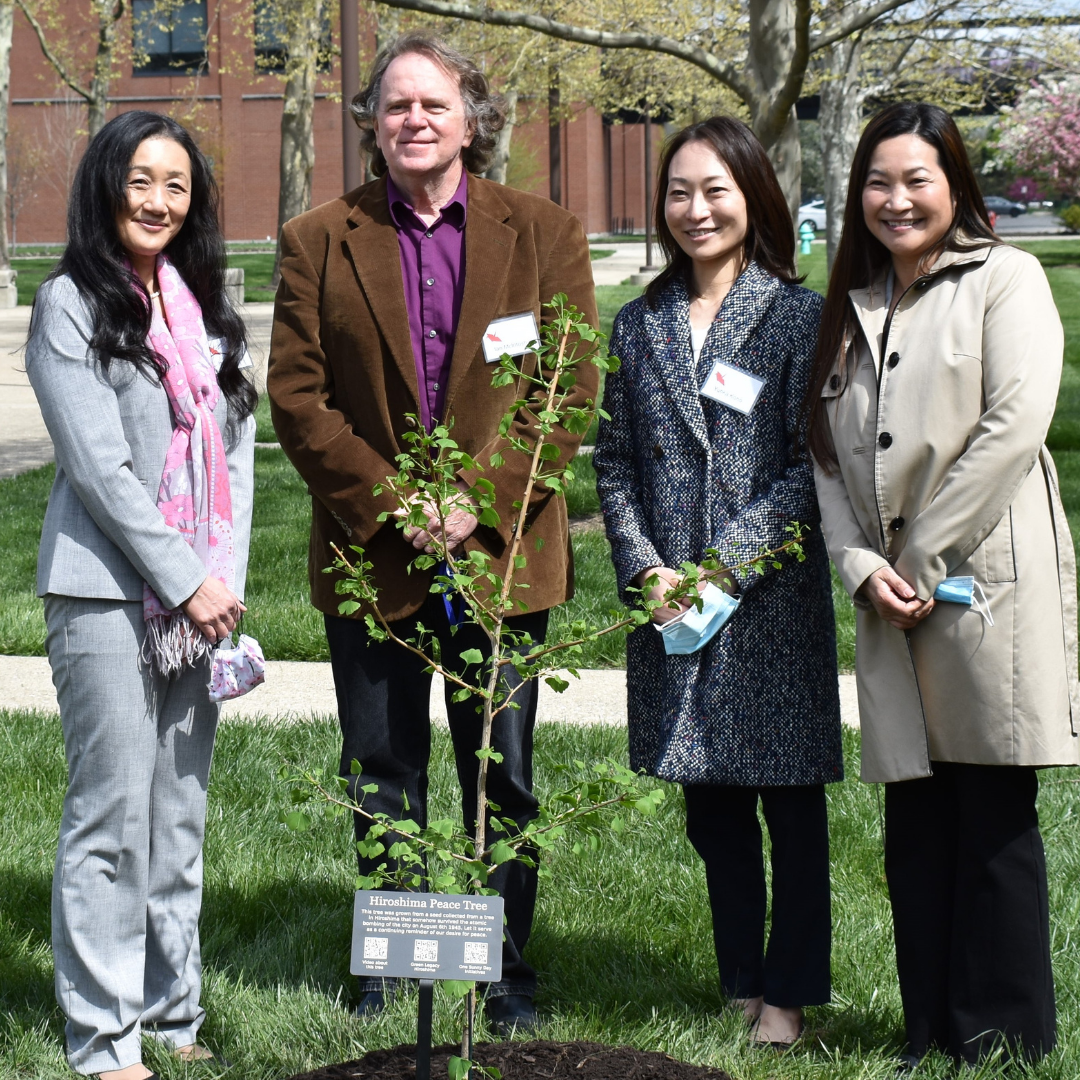 Japanese Studies professors and OIA staff by planted hiroshima survivor tree