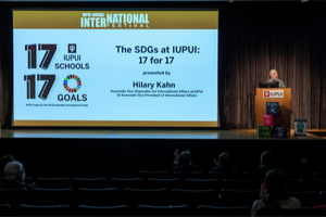 Hilary Kahn on stage presenting at Feb 17 2022 SDG day