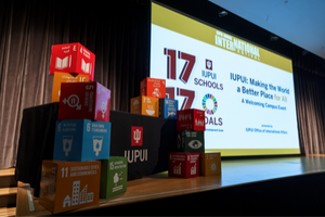 Colorful block sculptures of the 17 different UN SDGs